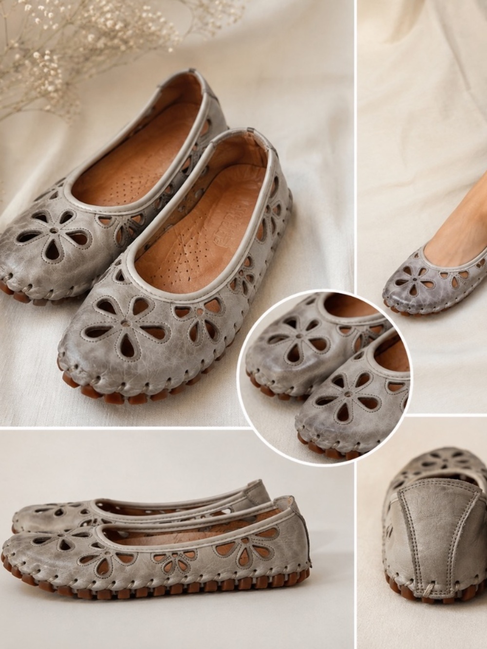 Volks Walkers Flat Comfort Shoes Size 6 Beige Leather Cut out